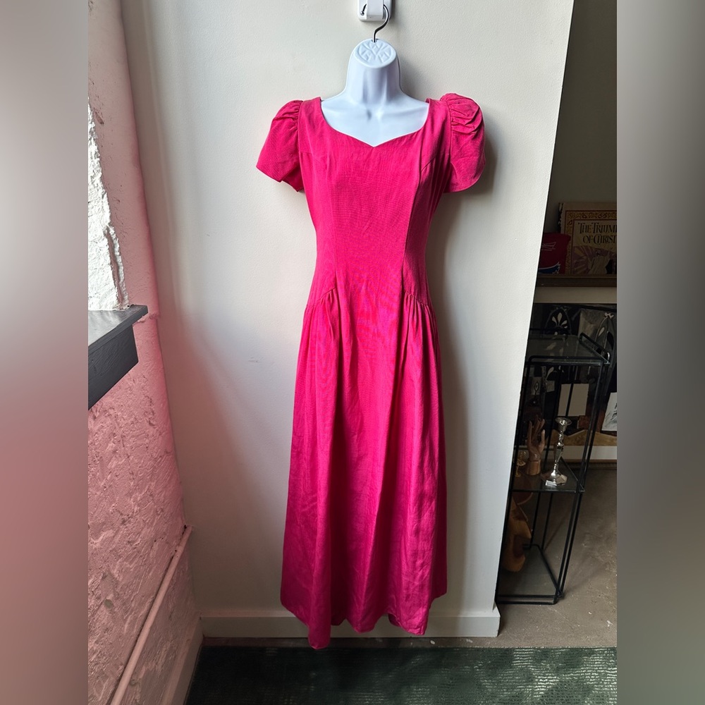 VTG 80s Deanne Hot Pink Puff Sleeve Prairie Maxi Dress Bow Back Cottagecore, 11